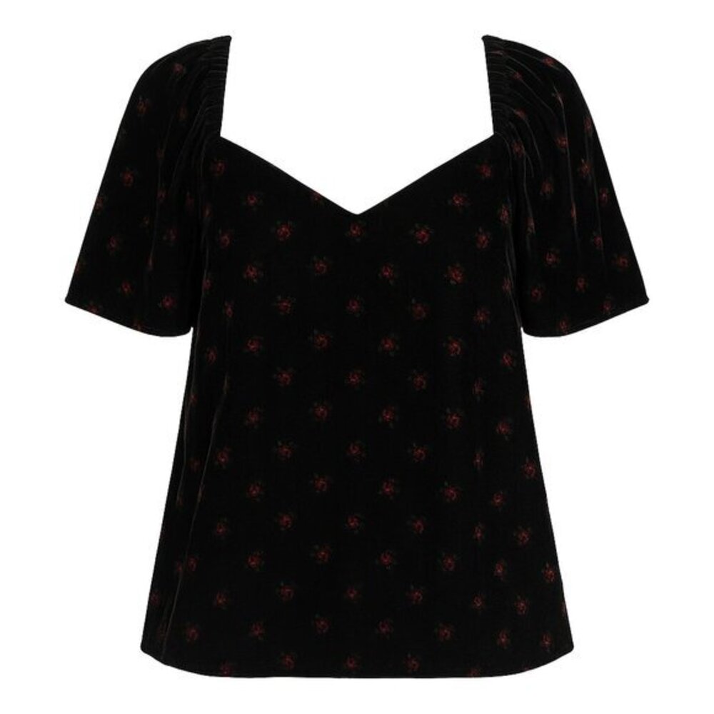Loft  velvet dark floral  romantic  sweetheart puff sleeve collarless top size M